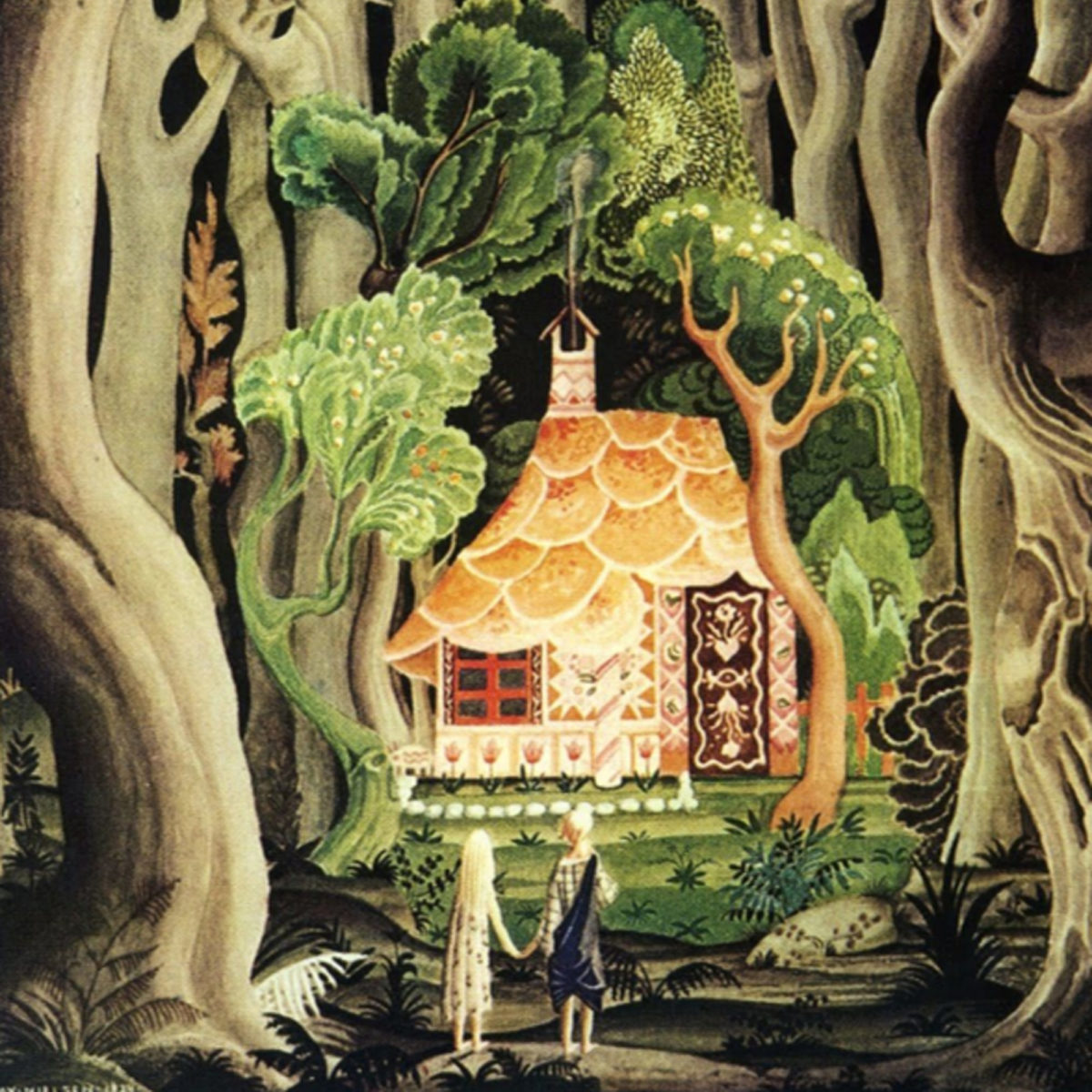 an illustration of hanzel and grethel nearing a cabin deep inside the forrest