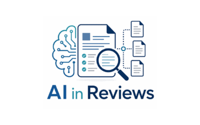 AI in Review(s) logo with digital documents and magnifying glass.