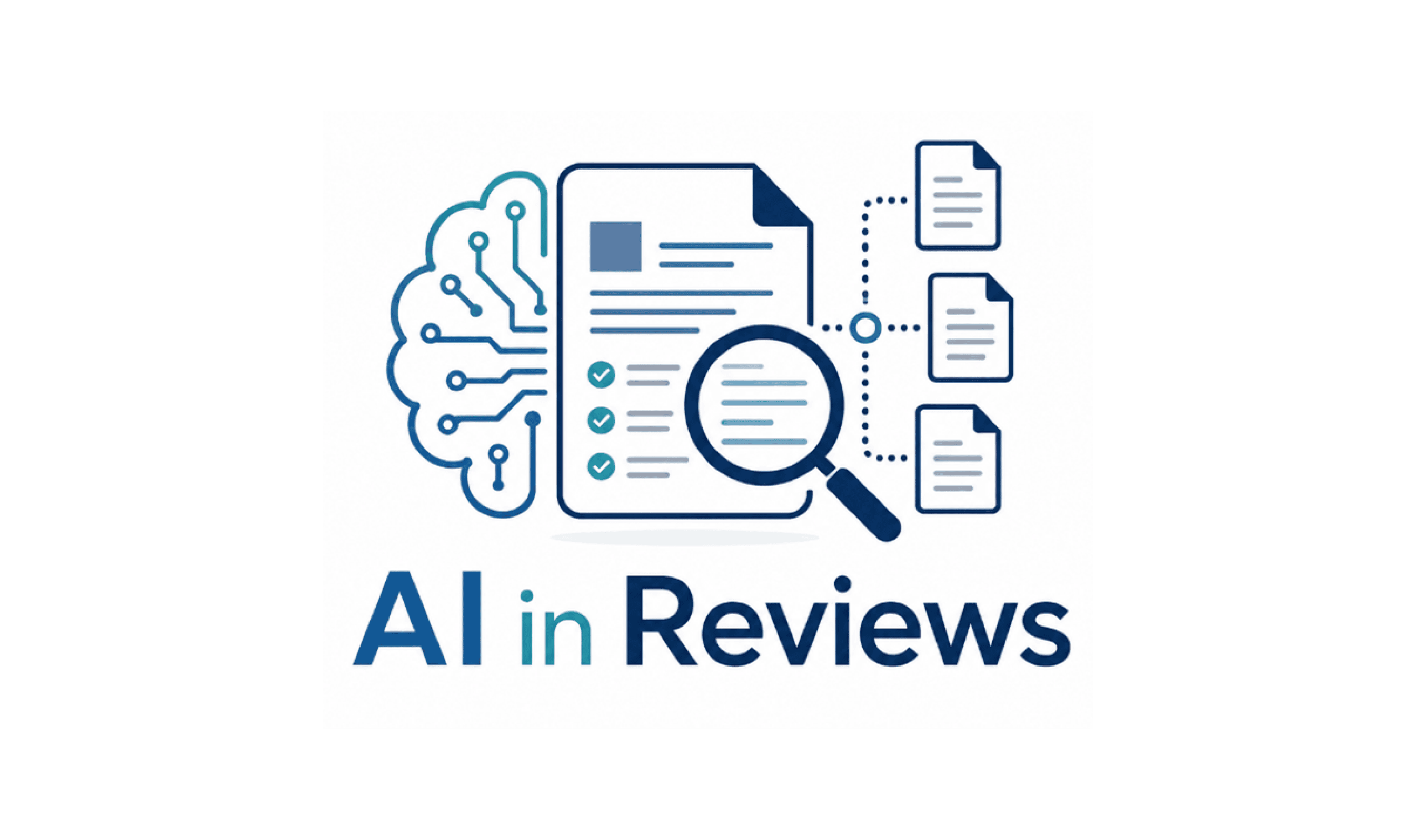 AI in Review(s) logo with digital documents and magnifying glass.