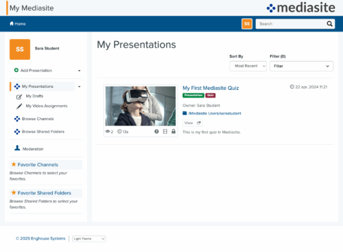 An overview of the My Mediasite dashboard with an example video.