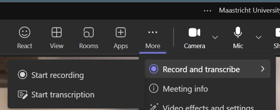 Screenshot of where to find record and transcribe in MS Teams