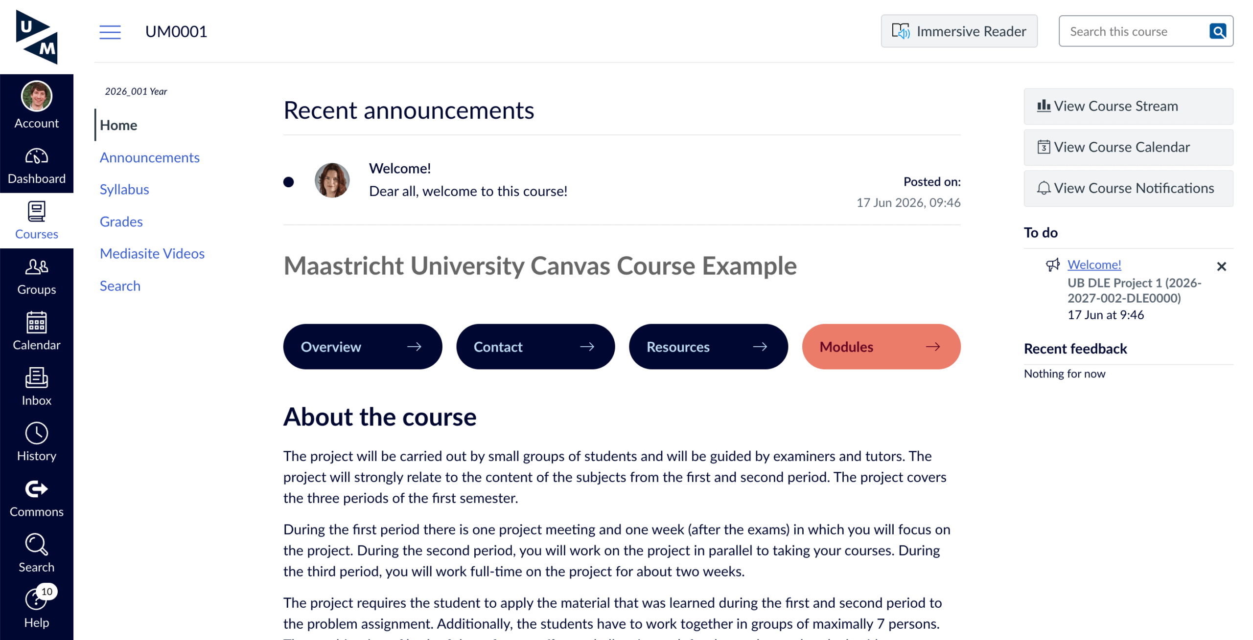 Printscreen of the UM template that is used for every course. It has 4 horizontal buttons that refer to the main pages.